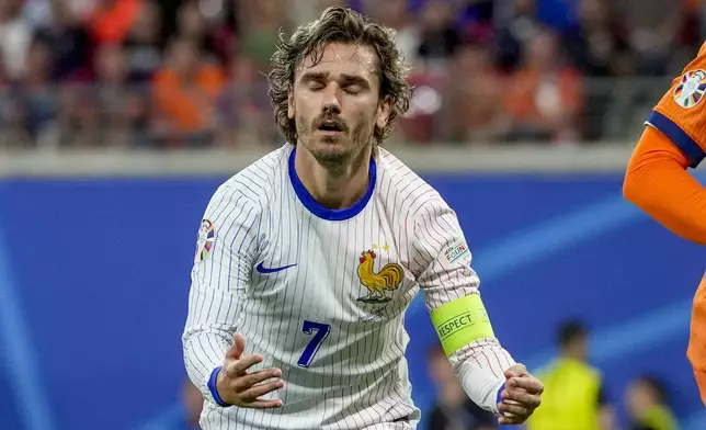 Antoine Griezmann of France reacts during a Group D match between the Netherlands and France at the Euro 2024 soccer tournament in Leipzig, Germany, Friday, June 21, 2024. (AP Photo/Antonio Calanni)