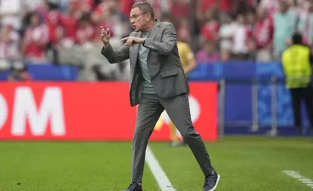 Austria's head coach Ralf Rangnick instructs his players during a Group D match between Poland and Austria at the Euro 2024 soccer tournament in Berlin, Germany, Friday, June 21, 2024. (AP Photo/Ebrahim Noroozi)