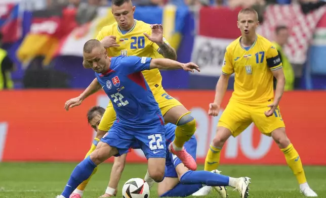 Slovakia's Stanislav Lobotka challenges for the ball with Ukraine's Oleksandr Zubkov during a Group E match between Slovakia and Ukraine at the Euro 2024 soccer tournament in Duesseldorf, Germany, Friday, June 21, 2024. (AP Photo/Andreea Alexandru)