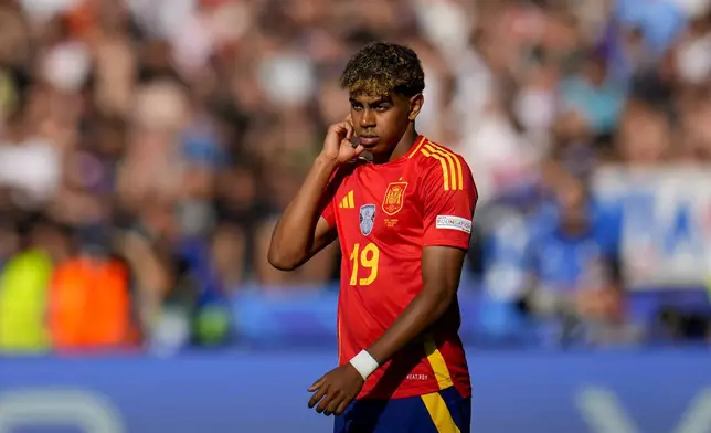 Spain's Lamine Yamal follows the action during a Group B match between Spain and Croatia at the Euro 2024 soccer tournament in Berlin, Germany, Saturday, June 15, 2024. (AP Photo/Manu Fernandez)