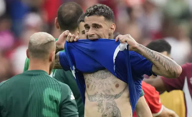 Italy's Gianluca Scamacca reacts at the end of a round of sixteen match between Switzerland and Italy at the Euro 2024 soccer tournament in Berlin, Germany, Saturday, June 29, 2024. Switzerland won the game 2-0. (AP Photo/Ariel Schalit)