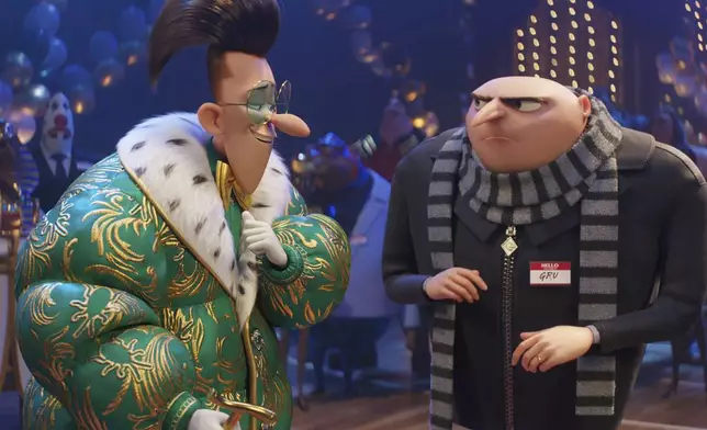 This image release by Illumination &amp; Universal Pictures shows Maxime, voiced by Will Ferrell, left, and Gru, voiced by Steve Carell, in a scene from "Despicable Me 4," (Illumination &amp; Universal Pictures via AP)