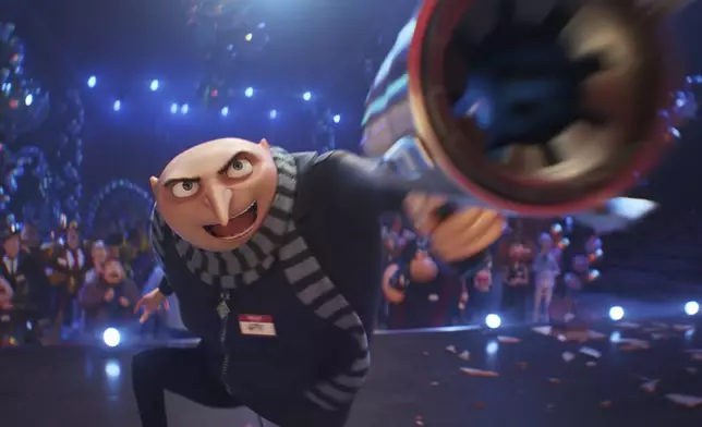 This image release by Illumination &amp; Universal Pictures shows Gru, voiced by Steve Carell, in a scene from "Despicable Me 4," (Illumination &amp; Universal Pictures via AP)