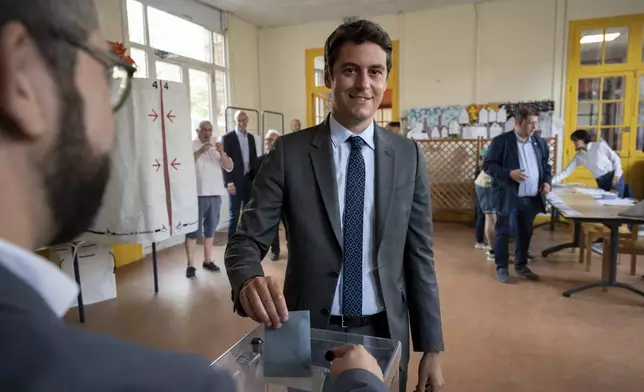 French Prime Minister Gabriel Attal casts his vote in the first round of parliamentary elections in Vanves, outside Paris, Sunday, June 30, 2024. France is holding the first round of an early parliamentary election that could bring the country's first far-right government since Nazi occupation during World War II. The second round is on July 7, and the outcome of the vote remains highly uncertain. (Arnaud Finistre, Pool via AP)
