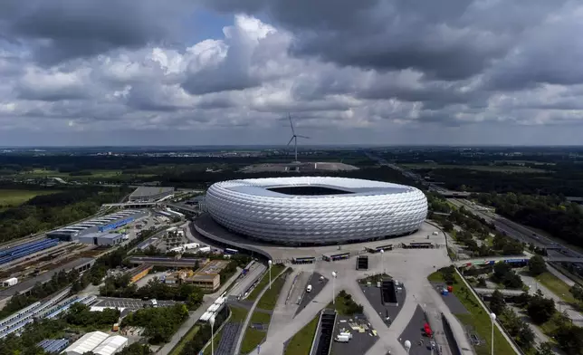 FILE - Aerial view of the Munich Euro 2024 stadium in Munich, Germany, Friday, June 7, 2024. Munich will host six matches at the European soccer Championships. The Euros kick off in Munich, Friday June 14, when host country Germany plays Scotland at Bayern Munich's Allianz Arena. The tournament begins with six groups of four teams. (AP Photo/Matthias Schrader, File)