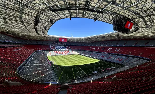 FILE - Inside view of the 'Allianz Arena' stadium prior to the German Bundesliga soccer match between FC Bayern Munich and Eintracht Frankfurt in Munich, Germany, April 27, 2024. The Euros kick off in Munich, Friday June 14, when host country Germany plays Scotland at Bayern Munich's Allianz Arena. The tournament begins with six groups of four teams. (AP Photo/Matthias Schrader, File)