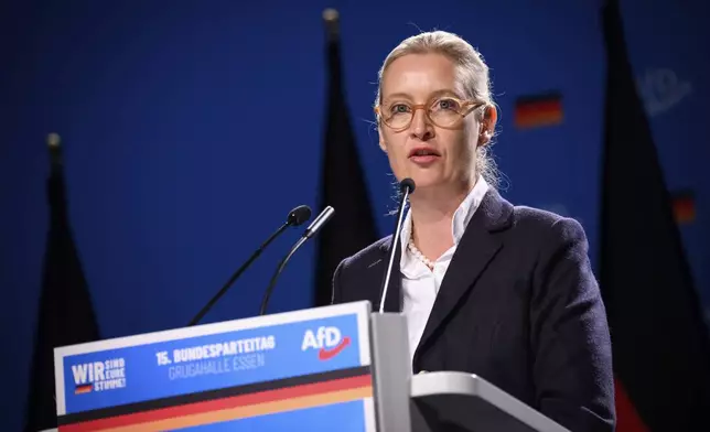 Alice Weidel, Federal Chairwoman of the AfD, speaks at the AfD's national party conference in Essen, Germany, Saturday June 29, 2024. (Bernd von Jutrczenka/dpa via AP)