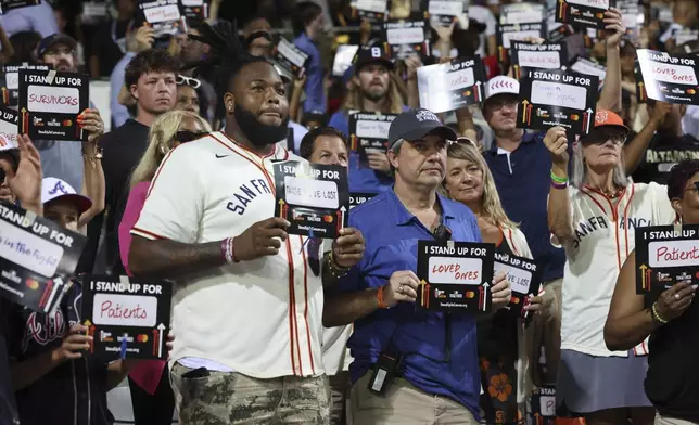 Fans hold signs as they participate in a Stand Up To Cancer activity during a baseball game between the St. Louis Cardinals and the San Francisco Giants at Rickwood Field, Thursday, June 20, 2024, in Birmingham, Ala. (AP Photo/Vasha Hunt)