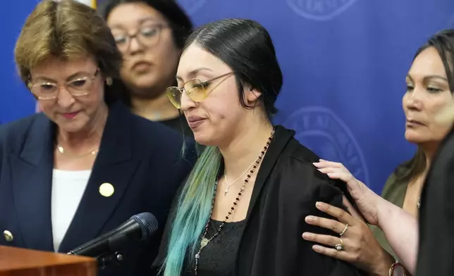 Alexis Nungaray, the mother of Jocelyn Nungaray, speaks about her daughter during a news conference after Franklin Peña, one of the two men accused of killing the 12-year-old girl, appeared in court, Monday, June 24, 2024, in Houston. Peña was ordered held on $10 million bail as he and another man, Johan Jose Rangel-Martinez, are charged with capital murder over the girl's death. (Brett Coomer/Houston Chronicle via AP)