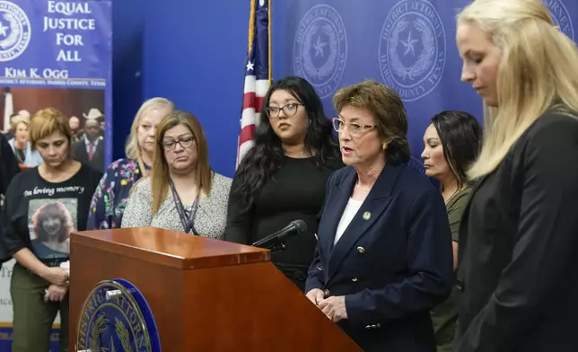 District Attorney Kim Ogg speaks to the media during a news conference after Franklin Peña, one of the two men accused of killing 12-year-old Jocelyn Nungaray, appeared in court, Monday, June 24, 2024, in Houston. Peña was ordered held on $10 million bail as he and another man, Johan Jose Rangel-Martinez, are charged with capital murder over the girl's death. (Brett Coomer/Houston Chronicle via AP)