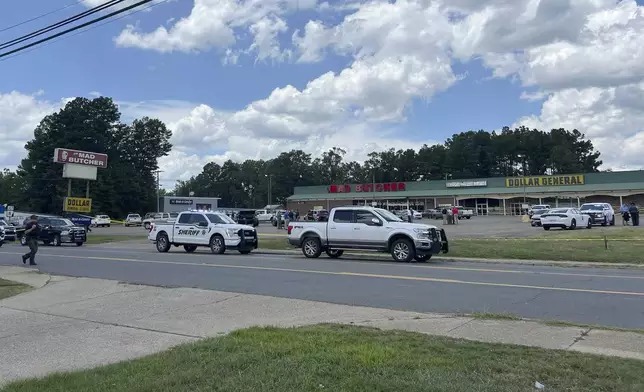 Police vehicles remain on the scene of a shooting at the Mad Butcher grocery store, Friday, June 21, 2024, Frodyce, Ark. (Ainsley Platt/Arkansas Democrat-Gazette via AP)