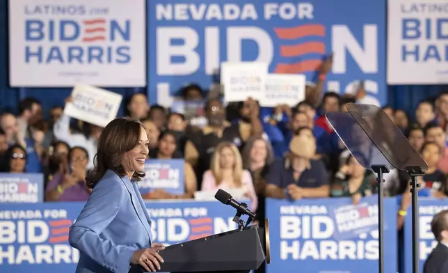 Vice President Kamala Harris speaks during a post debate campaign rally, Friday, June 28, 2024, in Las Vegas. (AP Photo/Ronda Churchill)