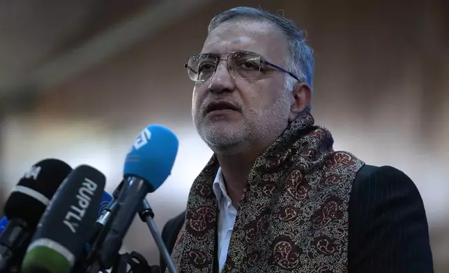 Tehran Mayor Alireza Zakani, a candidate for the June 28 presidential election, speaks, during his campaign rally in Tehran, Iran, Sunday, June 23, 2024. (AP Photo/Vahid Salemi)