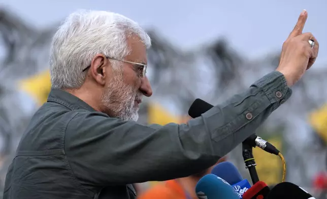 Candidate for the June 28, presidential election, Saeed Jalili, a former Iran's top nuclear negotiator, speaks, during his campaign rally in Tehran, Iran, Monday, June 24, 2024. (AP Photo/Vahid Salemi)