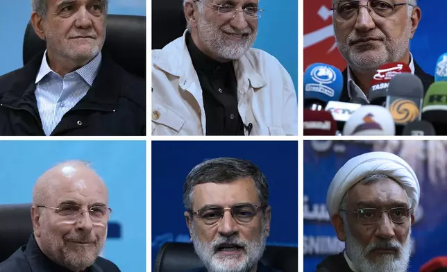 This combination of photos shows Iranian June 28, presidential candidates Masoud Pezeshkian, lawmaker and a former Health Minister, top left, Saeed Jalili, former senior nuclear negotiator, top center, Alireza Zakani, Tehran Mayor, top right, Mohammad Bagher Qalibaf, Parliament Speaker, bottom left, Amirhossein Ghazizadeh Hashemi, the late President Raisi's Vice-President, bottom center, and Mostafa Pourmohammadi, a former Minister of Justice. (AP Photo/Vahid Salemi)