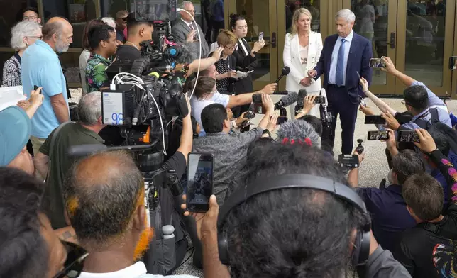 Barry Pollack, lawyer for WikiLeaks founder Julian Assange, speaks to the media outside the federal court in Saipan, Mariana Islands, Wednesday, June 26 2024. (AP Photo/Eugene Hoshiko)