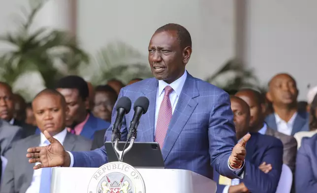 Kenyan President William Ruto gives an address at the State House in Nairobi, Kenya Wednesday, June 26, 2024. Kenyan President William Ruto said he won't sign into law a finance bill proposing new taxes a day after protesters stormed parliament and several people were shot dead. (AP Photo/Patrick Ngugi)