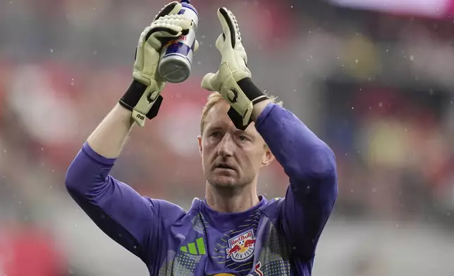 New York Red Bulls goalkeeper Ryan Meara claps during an MLS soccer match against Toronto FC, Saturday, June 22, 2024, in Harrison, N.J. (AP Photo/Julia Nikhinson)