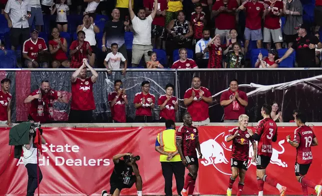 New York Red Bulls players celebrate after Elias Manoel scored a goal during an MLS soccer match against Toronto FC, Saturday, June 22, 2024, in Harrison, N.J. (AP Photo/Julia Nikhinson)