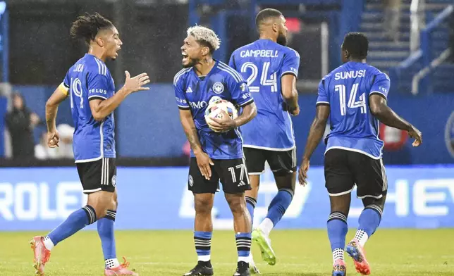 CF Montreal forward Josef Martínez (17) reacts after scoring against the Philadelphia Union during the first half of an MLS soccer match Saturday, June 29, 2024, in Montreal. (Graham Hughes/The Canadian Press via AP)