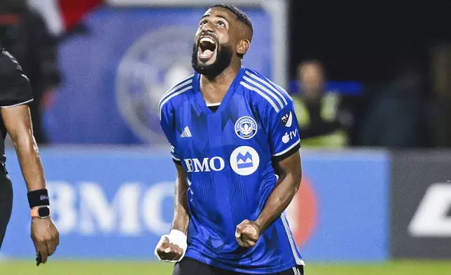 CF Montreal's Ruan reacts after scoring against the Philadelphia Union during the second half of an MLS soccer match in Montreal, Saturday, June 29, 2024. (Graham Hughes/The Canadian Press via AP)