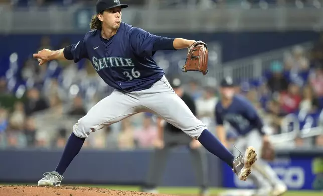 Seattle Mariners' Logan Gilbert delivers a pitch during the first inning of a baseball game against the Miami Marlins, Saturday, June 22, 2024, in Miami. (AP Photo/Wilfredo Lee)