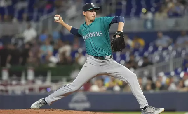 Seattle Mariners starting pitcher George Kirby (68) aims a pitch during the first inning of a baseball game against the Miami Marlins, Friday, June 21, 2024, in Miami. (AP Photo/Marta Lavandier)