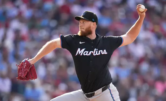 Miami Marlins' A.J. Puk pitches during the seventh inning of a baseball game against the Philadelphia Phillies, Saturday, June 29, 2024, in Philadelphia. (AP Photo/Matt Slocum)