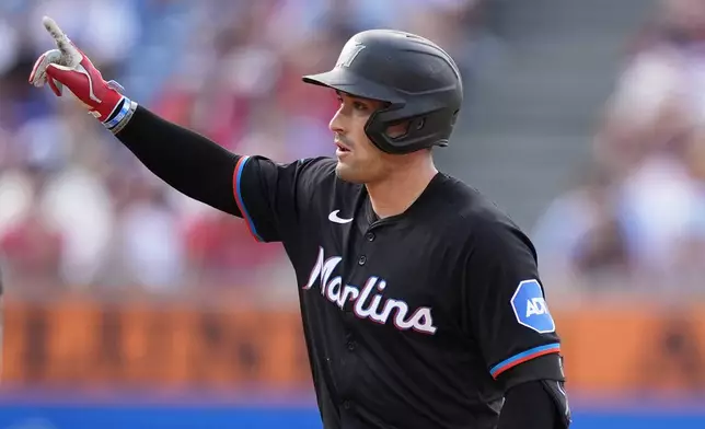 Miami Marlins' Nick Fortes reacts after hitting a run-scoring double against Philadelphia Phillies pitcher Aaron Nola during the seventh inning of a baseball game, Saturday, June 29, 2024, in Philadelphia. (AP Photo/Matt Slocum)