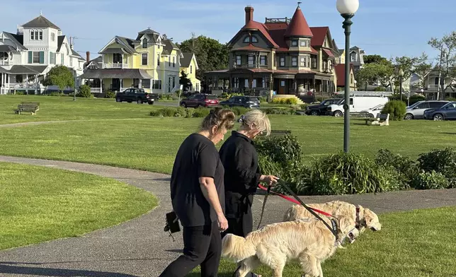 People walk dogs in front of homes, Tuesday, June 4, 2024, in Oak Bluffs, Massachusetts. High housing costs on Martha's Vineyard are forcing many regular workers to leave and are threatening public safety. (AP Photo/Nick Perry)