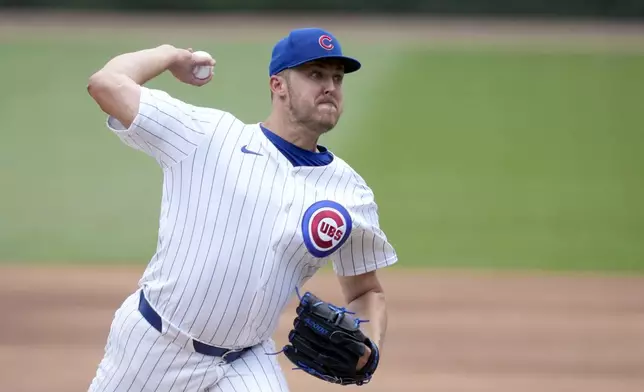 Chicago Cubs starting pitcher Jameson Taillon delivers in the first inning of a baseball game against the New York Mets, Saturday, June 22, 2024, in Chicago. (AP Photo/Charles Rex Arbogast)