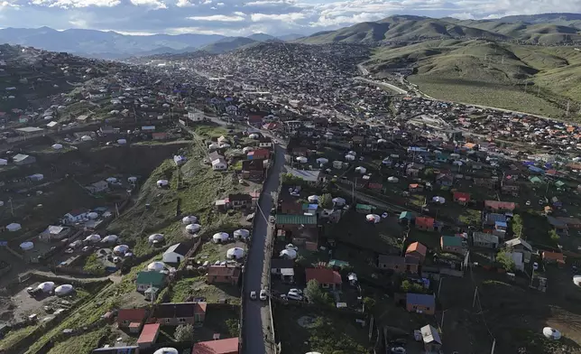A view from a drone is seen over the Ger District on the outskirts of Ulaanbaatar, Mongolia on Thursday, June 27, 2024. A parliamentary election will be held in Mongolia on Friday for the first time since the body was expanded to 126 seats, adding some uncertainty to a system that has been monopolized by two political parties and plagued by corruption. (AP Photo/Ng Han Guan)