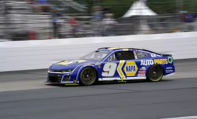 Chase Elliott steers his car out of Turn 4 during a NASCAR Cup Series race, Sunday, June 23, 2024, at New Hampshire Motor Speedway in Loudon, N.H. (AP Photo/Steven Senne)