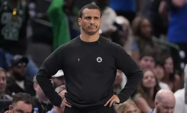 Boston Celtics head coach Joe Mazzulla watches play during the second half in Game 4 of the NBA basketball finals against the Dallas Mavericks, Friday, June 14, 2024, in Dallas. (AP Photo/Julio Cortez)