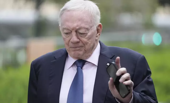 Dallas Cowboys owner Jerry Jones arrives at federal court Tuesday, June 18, 2024, in Los Angeles. Jones is testifying in a class-action lawsuit filed by "Sunday Ticket" subscribers claiming the NFL broke antitrust laws. (AP Photo/Damian Dovarganes)