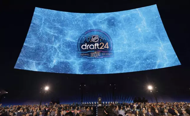 A screen is seen before the NHL hockey draft Friday, June 28, 2024, at the Sphere in Las Vegas. (AP Photo/Steve Marcus)