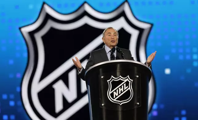 NHL Commissioner Gary Bettman speaks during the first round of the NHL hockey draft Friday, June 28, 2024, in Las Vegas. (AP Photo/Steve Marcus)