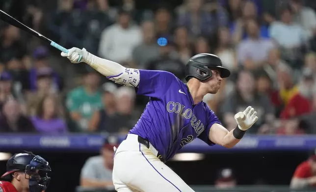 Colorado Rockies' Nolan Jones strikes out against Washington Nationals relief pitcher Robert Garcia to end the seventh inning of a baseball game Friday, June 21, 2024, in Denver. (AP Photo/David Zalubowski)
