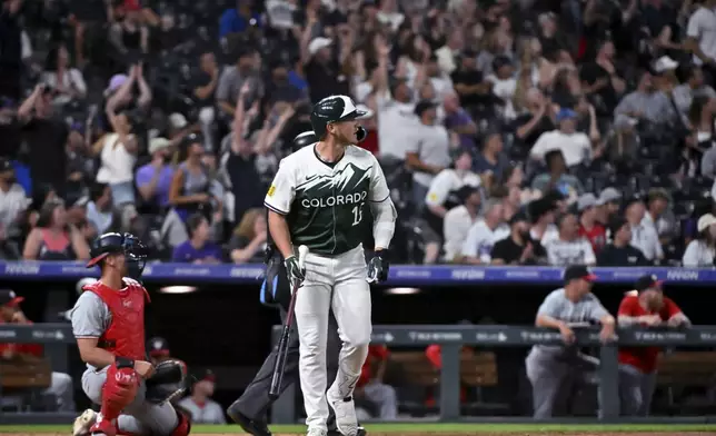 Colorado Rockies' Hunter Goodman watches his solo home run against the Washington Nationals during the seventh inning of a baseball game Saturday, June 22, 2024, in Denver. (AP Photo/Geneva Heffernan)
