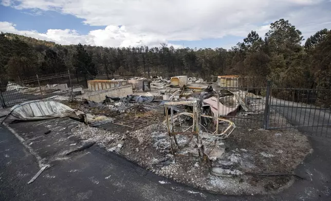 The remains of the Wild West Ski Shop, destroyed by the South Fork Fire, are pictured in the mountain village of Ruidoso, N.M., Saturday, June 22, 2024. (AP Photo/Andres Leighton)