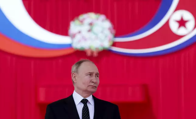 Russian President Vladimir Putin attends the official welcome ceremony with North Korea's leader Kim Jong Un in the Kim Il Sung Square in Pyongyang, North Korea, on Wednesday, June 19, 2024. (Gavriil Grigorov, Sputnik, Kremlin Pool Photo via AP)