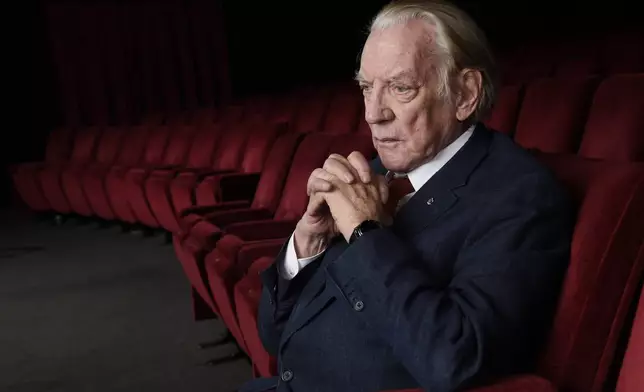 FILE - Actor Donald Sutherland appears at the Academy of Motion Picture Arts and Sciences in Beverly Hills, Calif., on Oct. 13, 2017. Sutherland, the towering Canadian actor whose career spanned "M.A.S.H." to "The Hunger Games," has died at 88. (Photo by Chris Pizzello/Invision/AP, File)