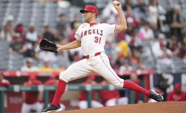 Los Angeles Angels starting pitcher Tyler Anderson (31) throws during the first inning of a baseball game against the San Diego Padres in Anaheim, Calif., Monday, June 3, 2024. (AP Photo/Ashley Landis)