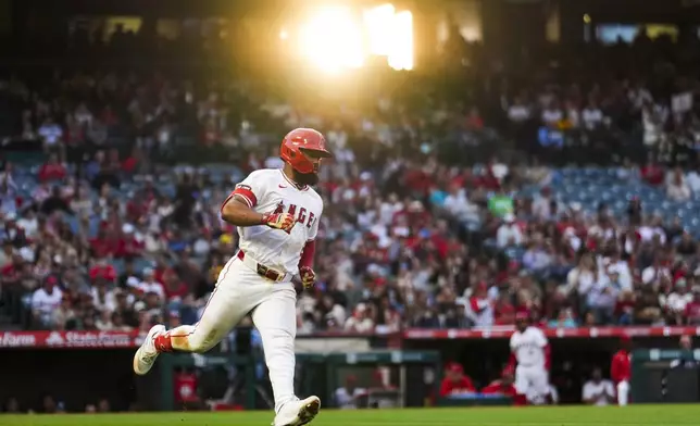 Los Angeles Angels' Luis Rengifo singles during the fourth inning of a baseball game against the San Diego Padres in Anaheim, Calif., Monday, June 3, 2024. (AP Photo/Ashley Landis)