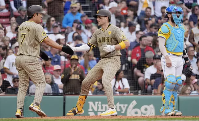 San Diego Padres' Brett Sullivan, center, celebrates his two-run home run that also drove in Ha-Seong Kim (7), behind Boston Red Sox catcher Connor Wong, during the fifth inning of a baseball game, Saturday, June 29, 2024, in Boston. (AP Photo/Michael Dwyer)