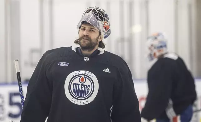 Edmonton Oilers goalie Stuart Skinner (74) skates during practice in Edmonton on Thursday June 20, 2024. The Edmonton Oilers take on the Florida Panthers in game 6 of the NHL Stanley Cup final on Friday.(Jason Franson /The Canadian Press via AP)