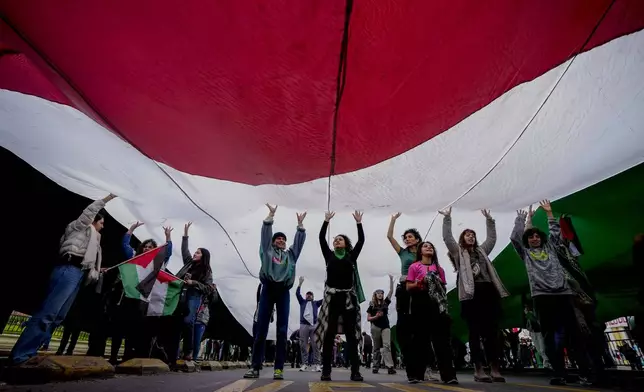 Pro-Palestinian demonstrators protest against Israeli attacks on Gaza, in Santiago, Chile, Saturday, June 8, 2024. (AP Photo/Esteban Felix)