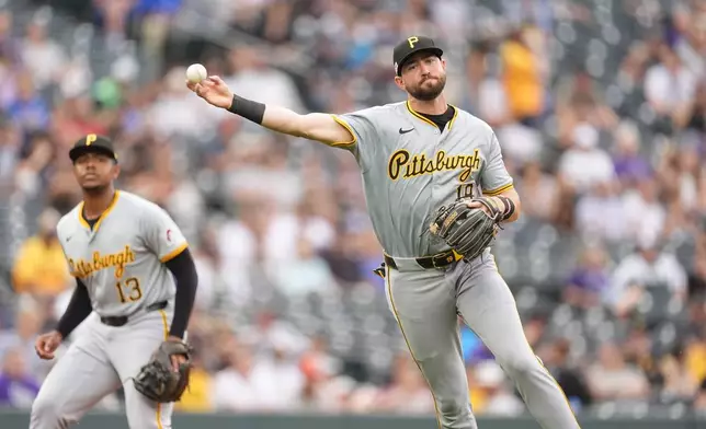 Pittsburgh Pirates shortstop Jared Triolo, right, throws to first base to put out Colorado Rockies' Jacob Stallings in the second inning of a baseball game Friday, June 14, 2024, in Denver. (AP Photo/David Zalubowski)