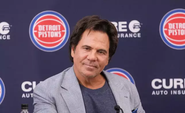 Detroit Pistons Owner Tom Gores addresses the NBA basketball media, Friday, June 21, 2024, in Detroit. (AP Photo/Carlos Osorio)