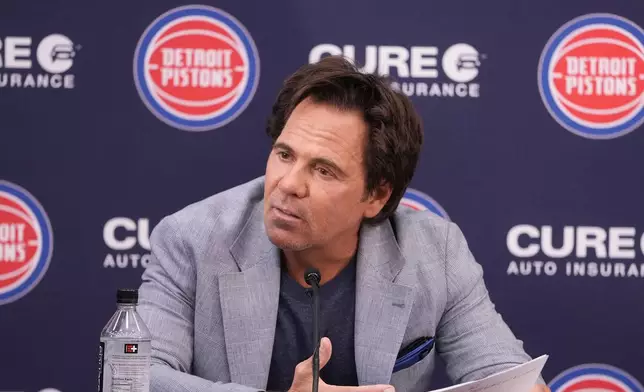 Detroit Pistons Owner Tom Gores addresses the NBA basketball media, Friday, June 21, 2024, in Detroit. (AP Photo/Carlos Osorio)